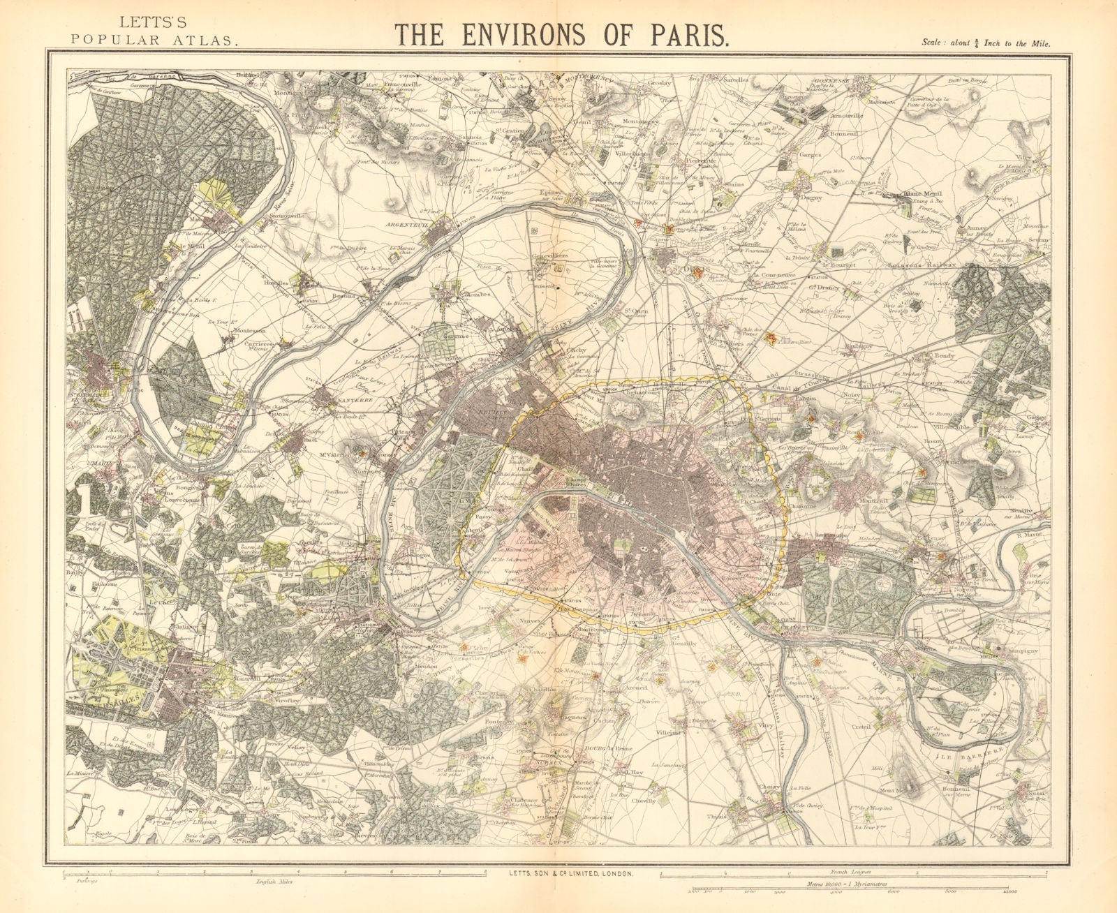 PARIS ENVIRONS. Fortifications. Railways. Versailles. LETTS 1883 old map